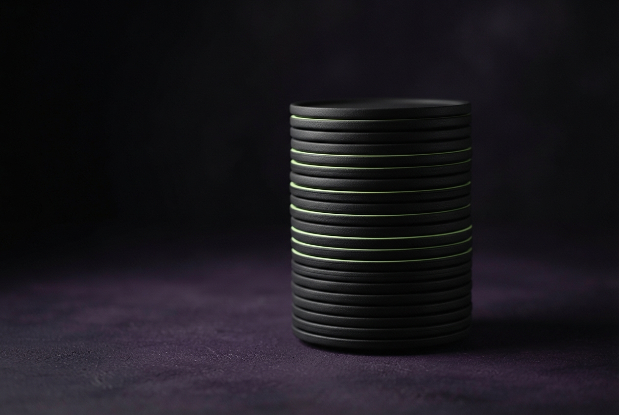 Black cylindrical stack of horizontal bands with lime-green accents on a dark purple-black surface.