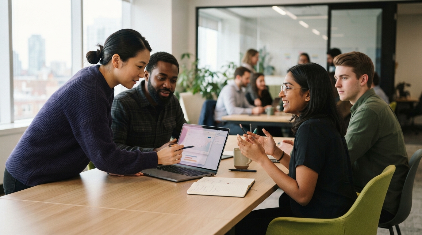 Four coworkers collaborate around a laptop at a wooden table in a bright modern office.