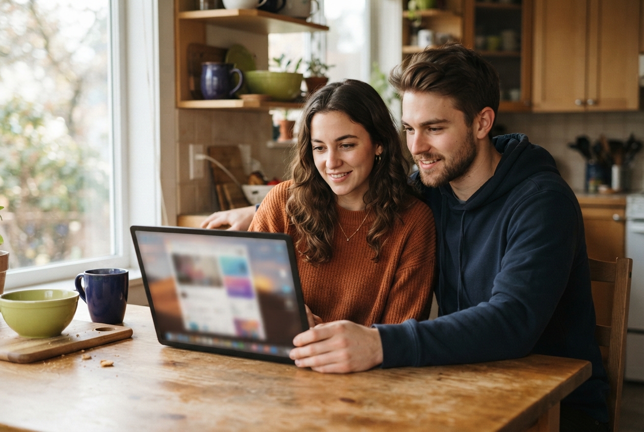 Couple in a sunlit kitchen smiling together while viewing a blurred tablet at a wooden table.