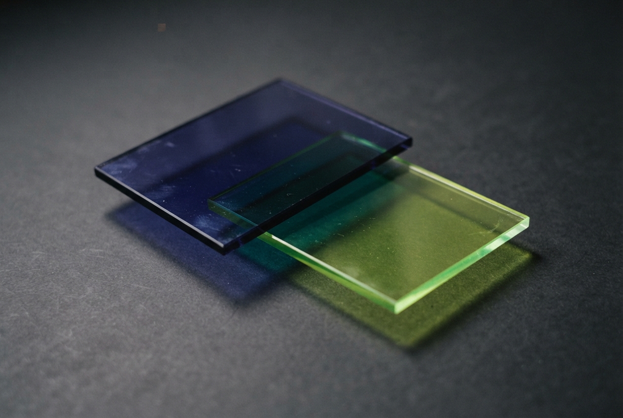 Overlapping translucent blue and green rectangular plates cast colored shadows on a dark textured surface.