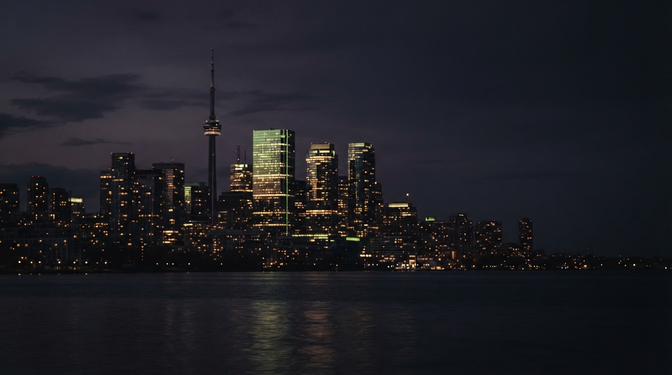 Toronto skyline with the CN Tower and illuminated buildings reflected in dark water at night.