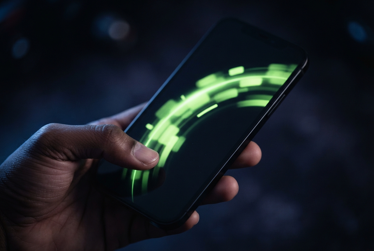 Hand holding a smartphone displaying glowing green concentric arcs against a dark blue background.